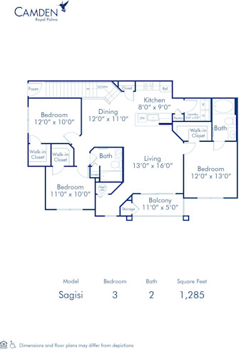 Blueprint of Sagisi Floor Plan, 3 Bedrooms and 2 Bathrooms at Camden Royal Palms Apartments in Brandon, FL