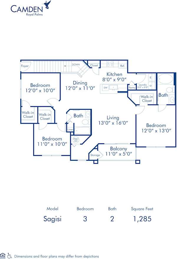 Blueprint of Sagisi Floor Plan, 3 Bedrooms and 2 Bathrooms at Camden Royal Palms Apartments in Brandon, FL