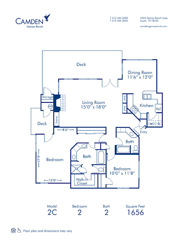 Blueprint of 2C Floor Plan, 2 Bedrooms and 2 Bathrooms at Camden Gaines Ranch Apartments in Austin, TX