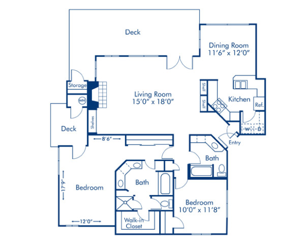 Blueprint of 2C Floor Plan, 2 Bedrooms and 2 Bathrooms at Camden Gaines Ranch Apartments in Austin, TX