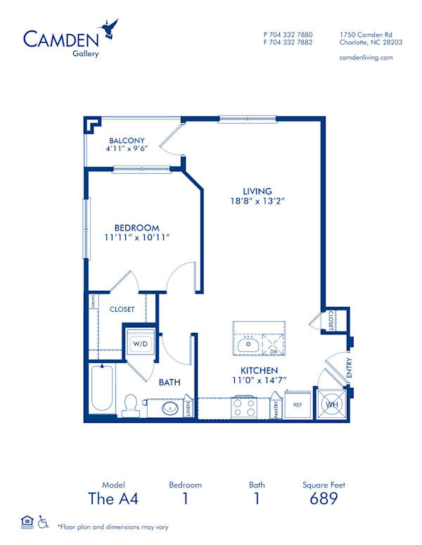 Blueprint of A4 Floor Plan, 1 Bedroom and 1 Bathroom at Camden Gallery Apartments in Charlotte, NC
