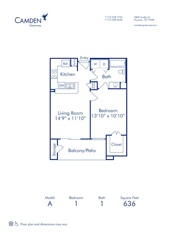 Blueprint of A Floor Plan, 1 Bedroom and 1 Bathroom at Camden Greenway Apartments in Houston, TX