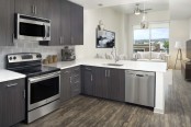 Kitchen with dark cabinets, light countertops, gray backsplash, stainless steel appliances and wood-style flooring throughout