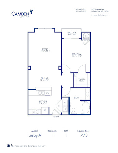 Blueprint of Lusby Floor Plan, 1 Bedroom and 1 Bathroom at Camden College Park Apartments in College Park, MD