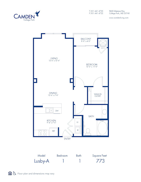 Blueprint of Lusby Floor Plan, 1 Bedroom and 1 Bathroom at Camden College Park Apartments in College Park, MD