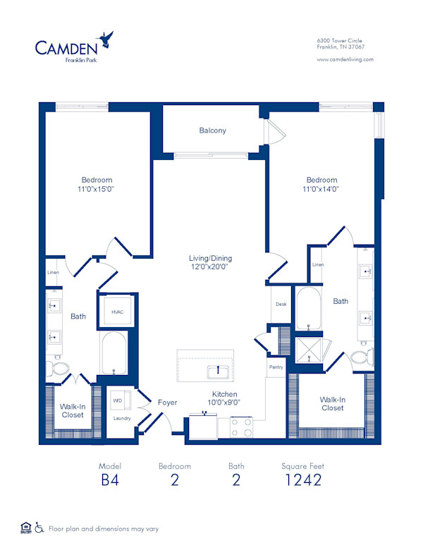 Floor Plan B4 two bedroom at Camden Franklin Park in Franklin, TN
