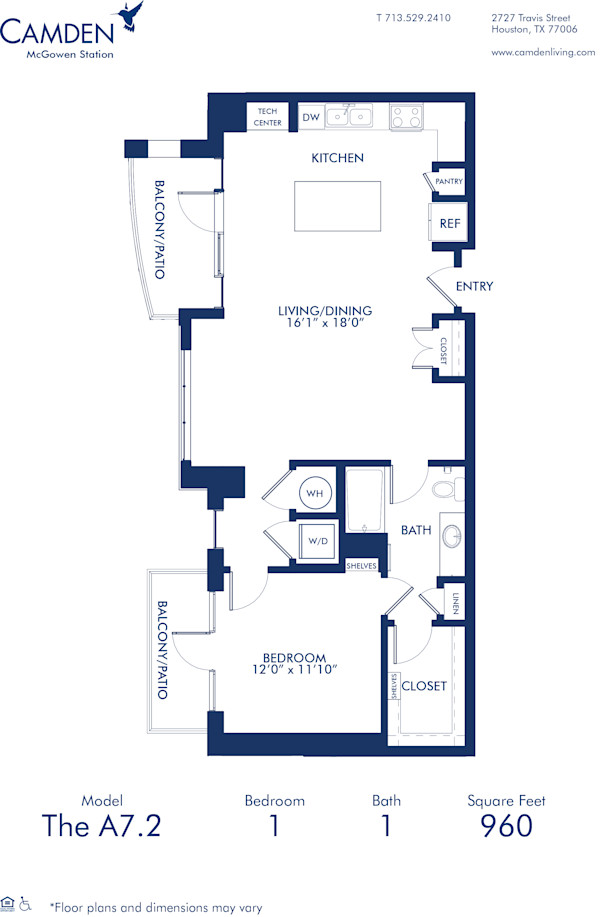 Blueprint of A7.2 Floor Plan at Camden McGowen Station One Bedroom Apartments in Midtown Houston