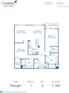 Blueprint of Strength Floor Plan, 1 Bedroom and 2 Bathrooms at Camden Main and Jamboree Apartments in Irvine, CA