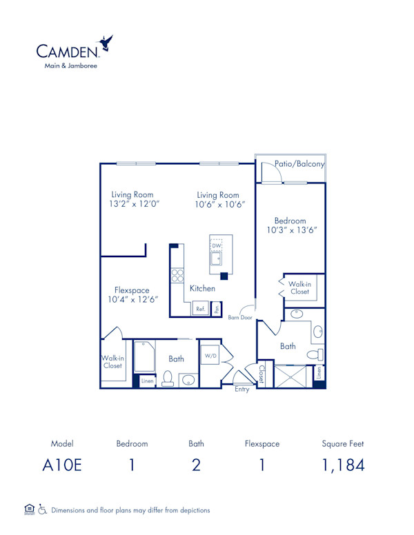 Blueprint of Strength Floor Plan, 1 Bedroom and 2 Bathrooms at Camden Main and Jamboree Apartments in Irvine, CA