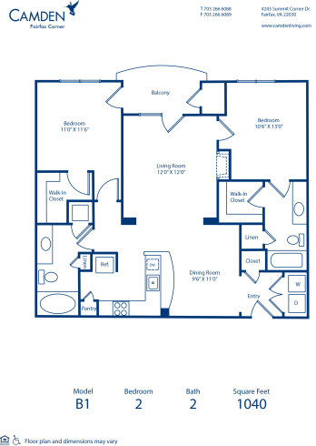 Blueprint of B1 Floor Plan, 2 Bedrooms and 2 Bathrooms at Camden Fairfax Corner Apartments in Fairfax, VA