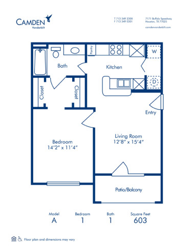 Blueprint of A Floor Plan, 1 Bedroom and 1 Bathroom at Camden Vanderbilt Apartments in Houston, TX
