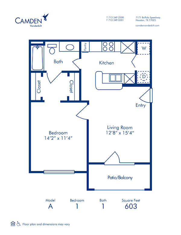 Blueprint of A Floor Plan, 1 Bedroom and 1 Bathroom at Camden Vanderbilt Apartments in Houston, TX