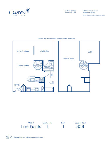 Blueprint of Five Points Floor Plan, Studio with 1 Bathroom at Camden Midtown Atlanta Apartments in Atlanta, GA