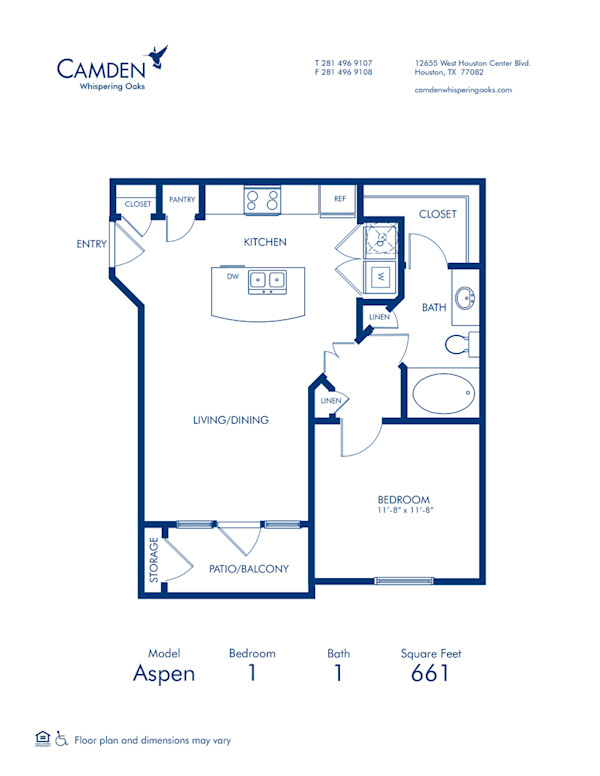 Blueprint of Aspen Floor Plan, 1 Bedroom and 1 Bathroom at Camden Whispering Oaks Apartments in Houston, TX