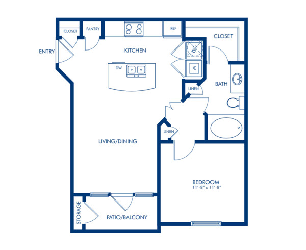 Blueprint of Aspen Floor Plan, 1 Bedroom and 1 Bathroom at Camden Whispering Oaks Apartments in Houston, TX
