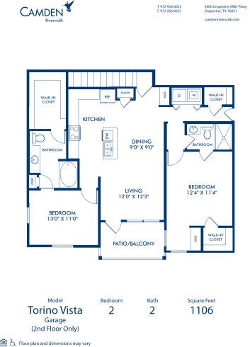 Blueprint of Torino Vista  - Garage Floor Plan, 2 Bedrooms and 2 Bathrooms at Camden Riverwalk Apartments in Grapevine, TX