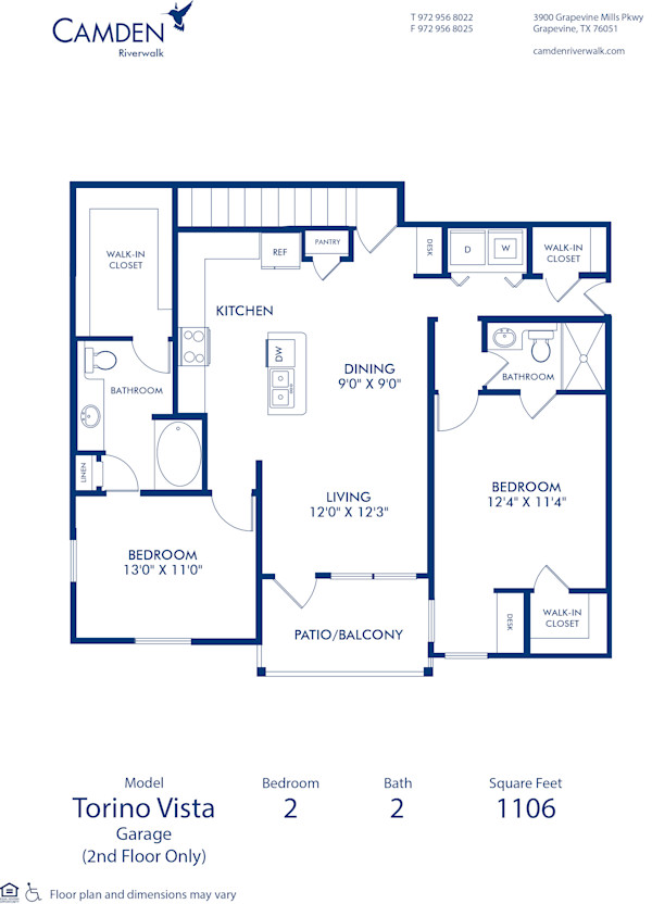 Blueprint of Torino Vista - Garage Floor Plan, 2 Bedrooms and 2 Bathrooms at Camden Riverwalk Apartments in Grapevine, TX