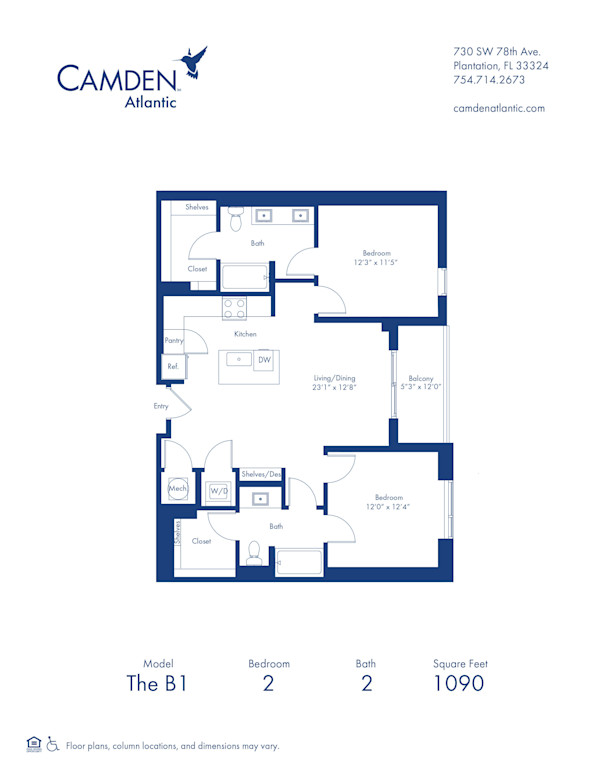 The B1 floor plan, 2 bed, 2 bath apartment home at Camden Atlantic in Plantation, FL