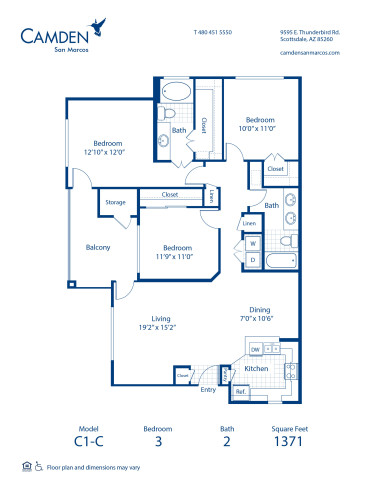 Blueprint of C1-C Floor Plan, 3 Bedrooms and 2 Bathrooms at Camden San Marcos Apartments in Scottsdale, AZ