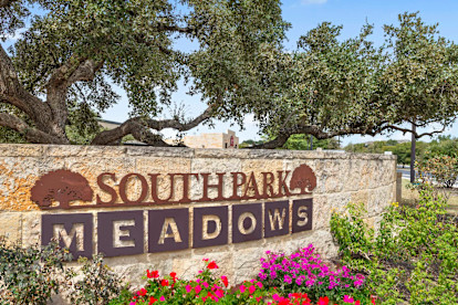 Southpark Meadows shopping center entry sign near Camden Shadow Brook apartments in Austin, TX