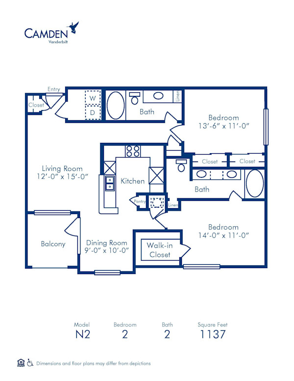 Blueprint of N2 Floor Plan, 2 Bedrooms and 2 Bathrooms at Camden Vanderbilt Apartments in Houston, TX