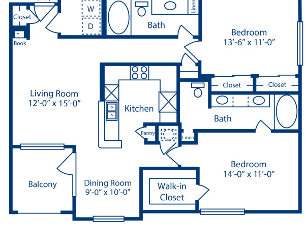 Blueprint of N2 Floor Plan, 2 Bedrooms and 2 Bathrooms at Camden Vanderbilt Apartments in Houston, TX