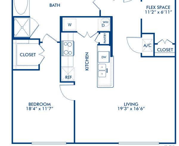 Blueprint of Dover II Floor Plan, 1 Bedroom and 1 Bathroom at Camden City Centre II Apartments in Houston, TX