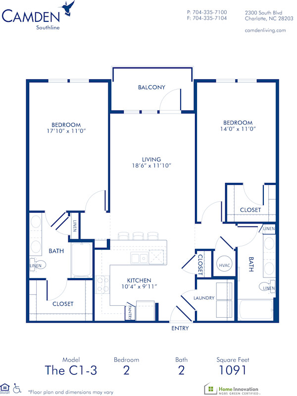 Blueprint of C1-3 Floor Plan, 2 Bedrooms and 2 Bathrooms at Camden Southline Apartments in Charlotte, NC