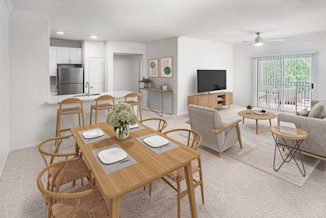 Open- concept living space with dining room at Camden Spring Creek Apartments in Spring, Tx