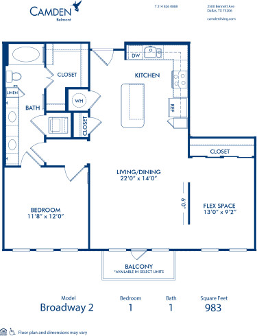 Blueprint of Broadway 2 Floor Plan, 1 Bedroom and 1 Bathroom at Camden Belmont Apartments in Dallas, TX