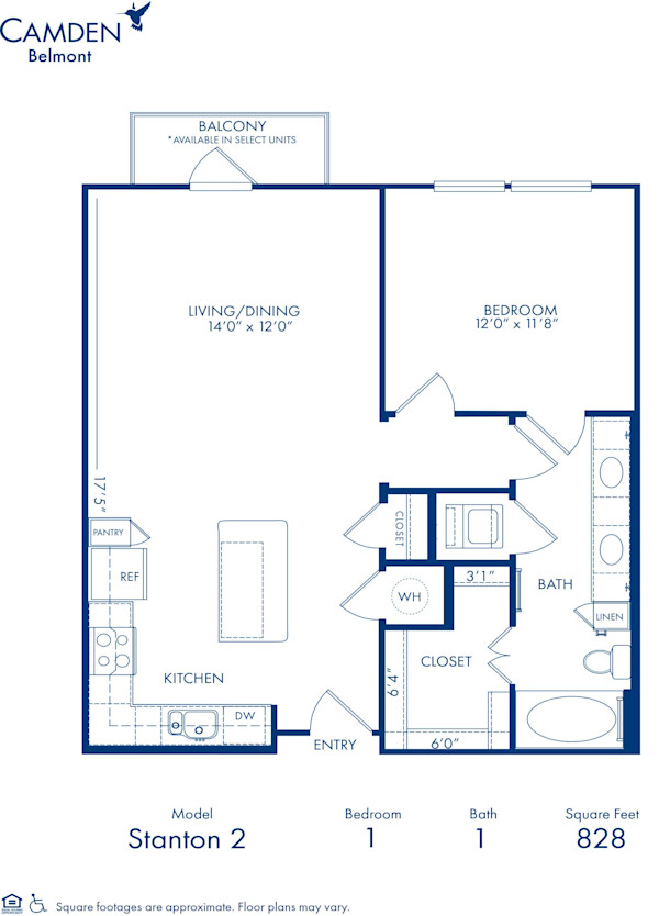Blueprint of Stanton 2 Floor Plan, 1 Bedroom and 1 Bathroom at Camden Belmont Apartments in Dallas, TX
