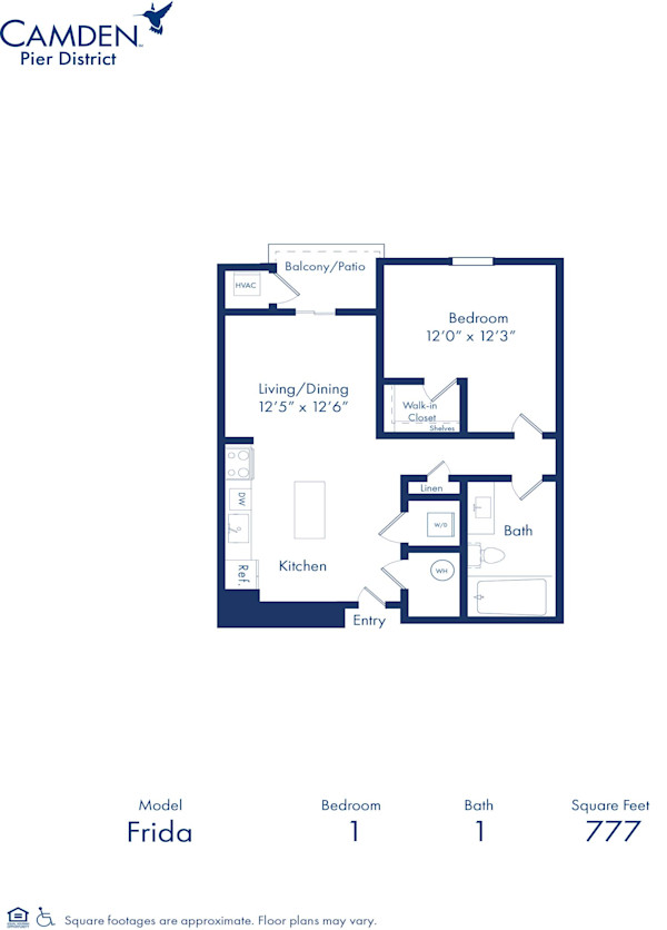Blueprint of Frida floor plan, one bedroom one bathroom apartment home at Camden Pier District Apartments in St. Petersburg, FL