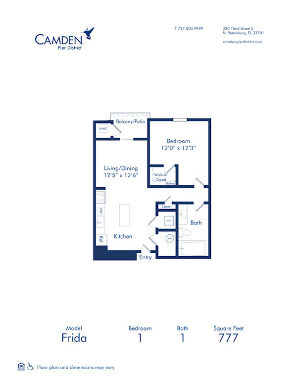 Blueprint of Frida floor plan, one bedroom one bathroom apartment home at Camden Pier District Apartments in St. Petersburg, FL