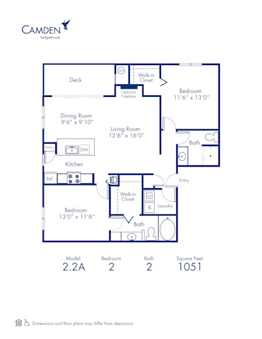 Blueprint of 2.2A Floor Plan, 2 Bedrooms and 2 Bathrooms at Camden Sedgebrook Apartments in Huntersville, NC