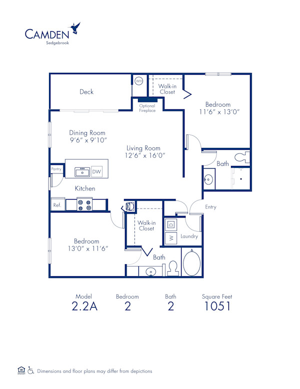 Blueprint of 2.2A Floor Plan, 2 Bedrooms and 2 Bathrooms at Camden Sedgebrook Apartments in Huntersville, NC