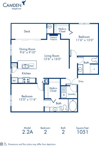 Blueprint of 2.2A Floor Plan, 2 Bedrooms and 2 Bathrooms at Camden Sedgebrook Apartments in Huntersville, NC