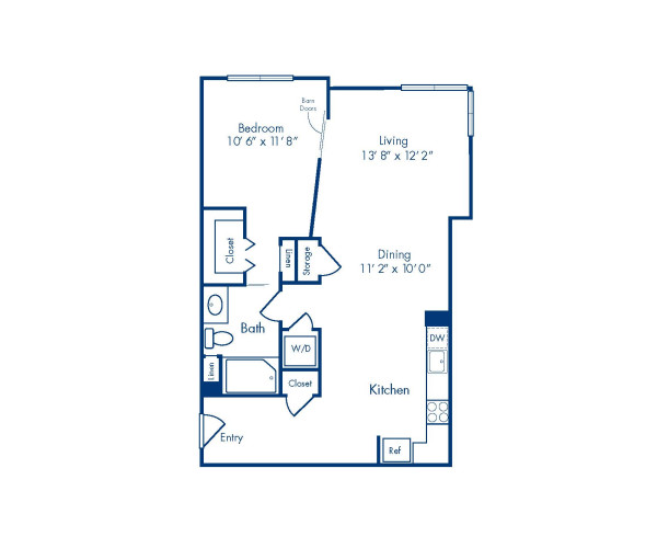 Blueprint of Dragon Floor Plan, 1 Bedroom and 1 Bathroom at Camden Main and Jamboree Apartments in Irvine, CA