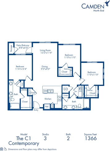 Blueprint of C1 Floor Plan, Apartment Home with 3 Bedrooms and 2 Bathrooms at Camden North End in Phoenix, AZ