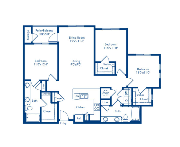 Blueprint of C1 Floor Plan, Apartment Home with 3 Bedrooms and 2 Bathrooms at Camden North End in Phoenix, AZ