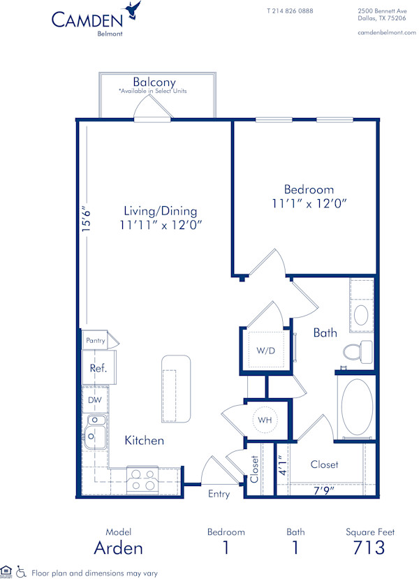 Blueprint of Arden 1 Floor Plan, 1 Bedroom and 1 Bathroom at Camden Belmont Apartments in Dallas, TX