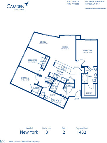 Blueprint of New York Floor Plan, 3 Bedrooms and 2 Bathrooms at Camden Dulles Station Apartments in Herndon, VA