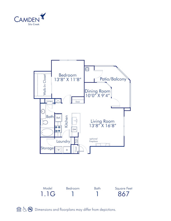 Blueprint of 1.1G Floor Plan, 1 Bedroom and 1 Bathroom at Camden Silo Creek Apartments in Ashburn, VA