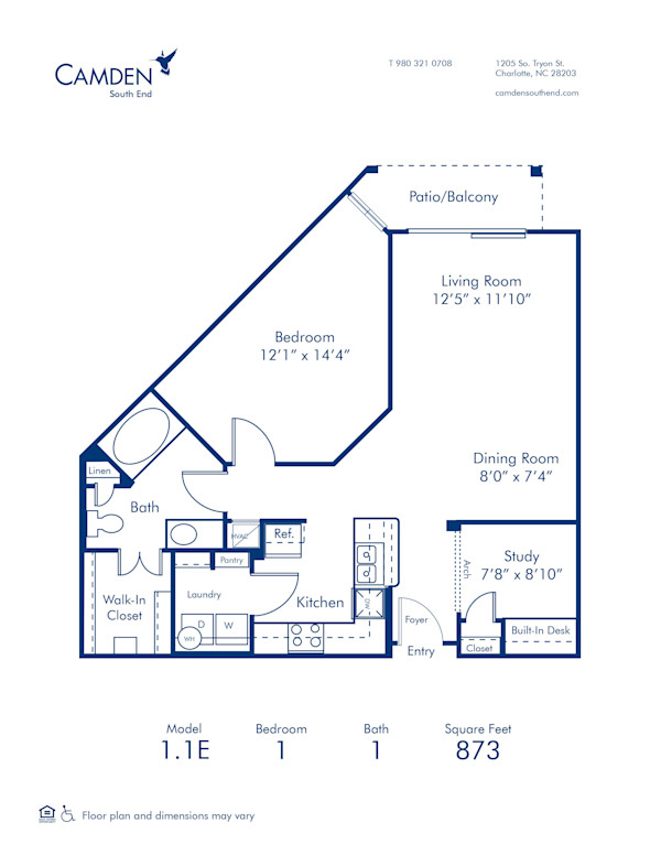 Blueprint of 1.1E Floor Plan, 1 Bedroom and 1 Bathroom at Camden South End Apartments in Charlotte, NC