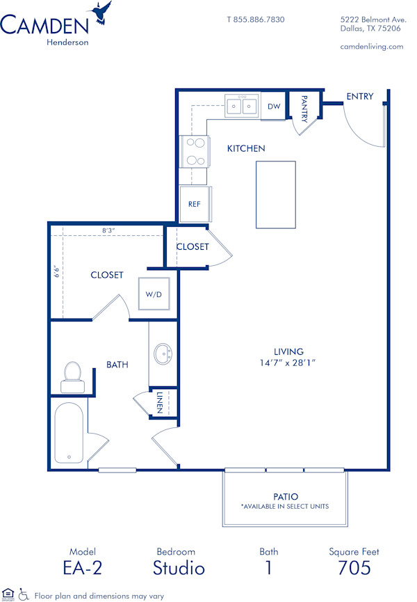Blueprint of EA2 Floor Plan, 1 Bedroom and 1 Bathroom at Camden Henderson Apartments in Dallas, TX