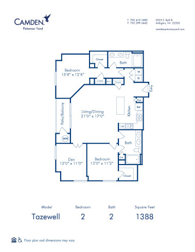 Blueprint of Tazewell Floor Plan, Apartment Home with 2 Bedrooms and 2 Bathrooms at Camden Potomac Yard in Arlington, VA