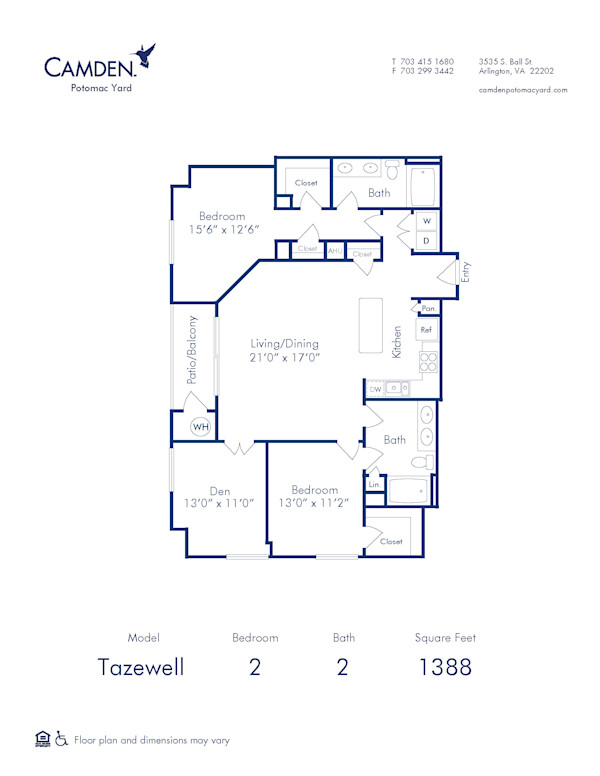 Blueprint of Tazewell Floor Plan, Apartment Home with 2 Bedrooms and 2 Bathrooms at Camden Potomac Yard in Arlington, VA