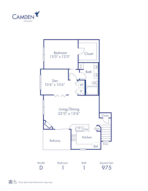 Blueprint of D Floor Plan, 1 Bedroom and 1 Bathroom at Camden Interlocken Apartments in Broomfield, CO