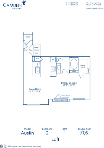 Blueprint of Austin Floor Plan, Studio with 1 Bathroom at Camden City Centre Apartments in Houston, TX