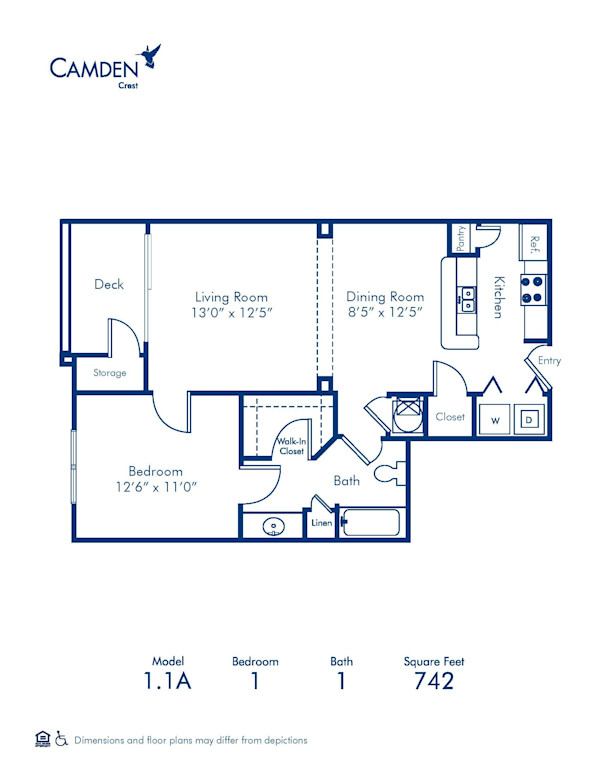 Blueprint of 1.1A Floor Plan, 1 Bedroom and 1 Bathroom at Camden Crest Apartments in Raleigh, NC