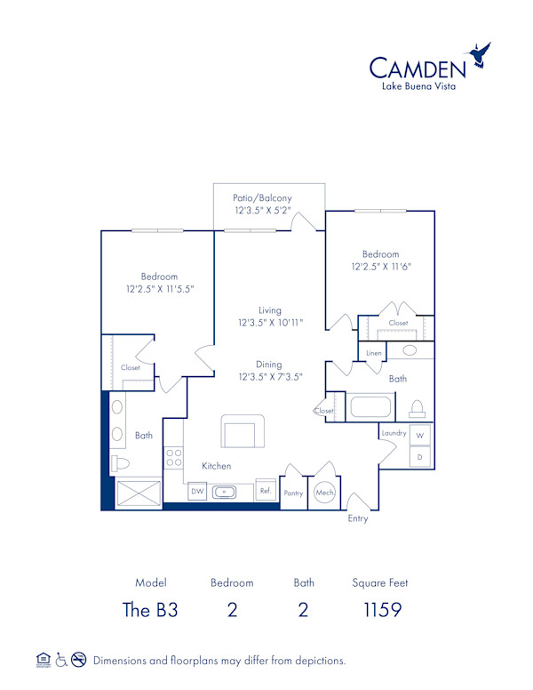 The B3 floor plan at Camden Lake Buena Vista apartments in Orlando, FL